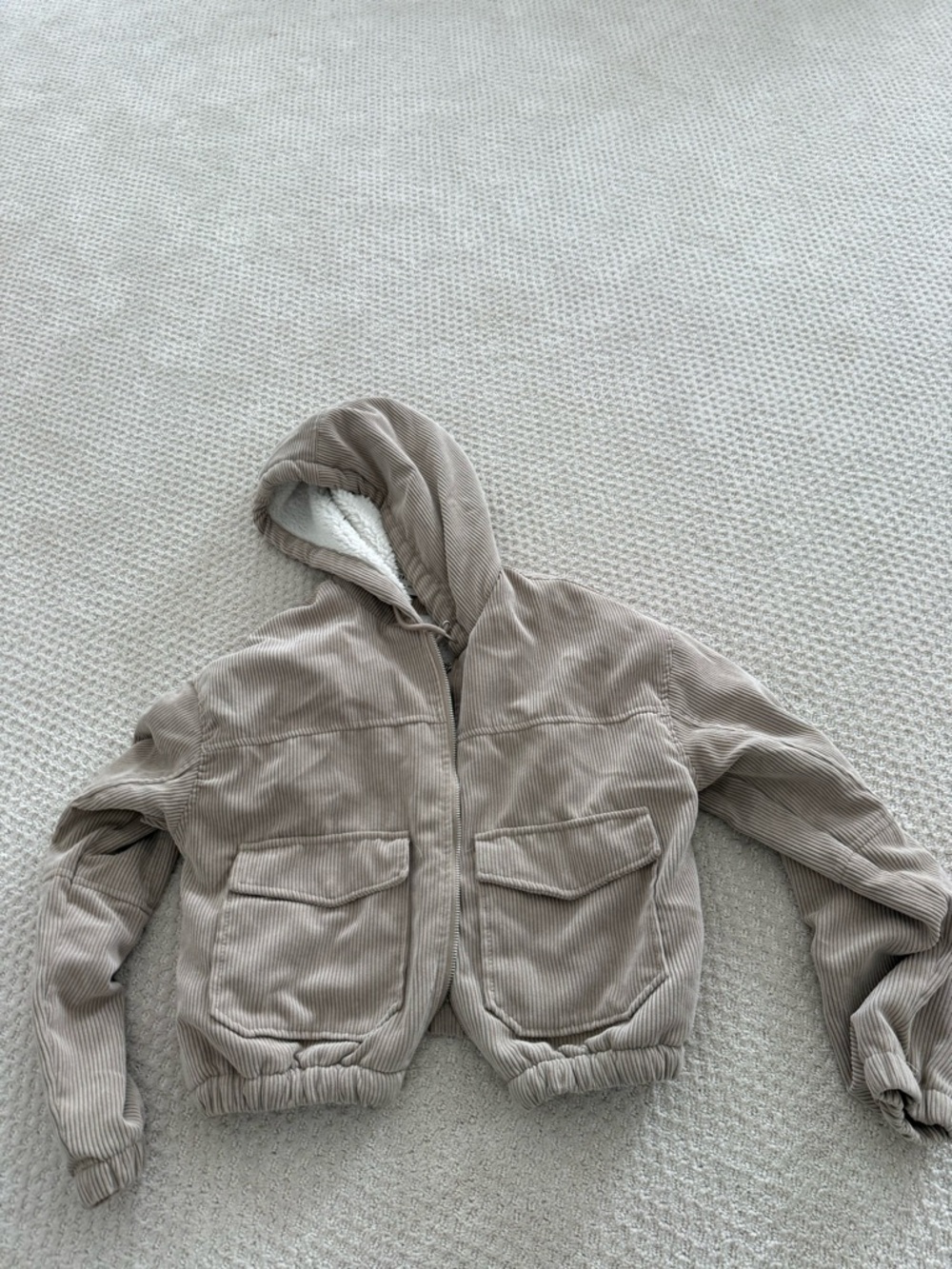 Taupe Corduroy Hooded Sherpa-Lined Jacket